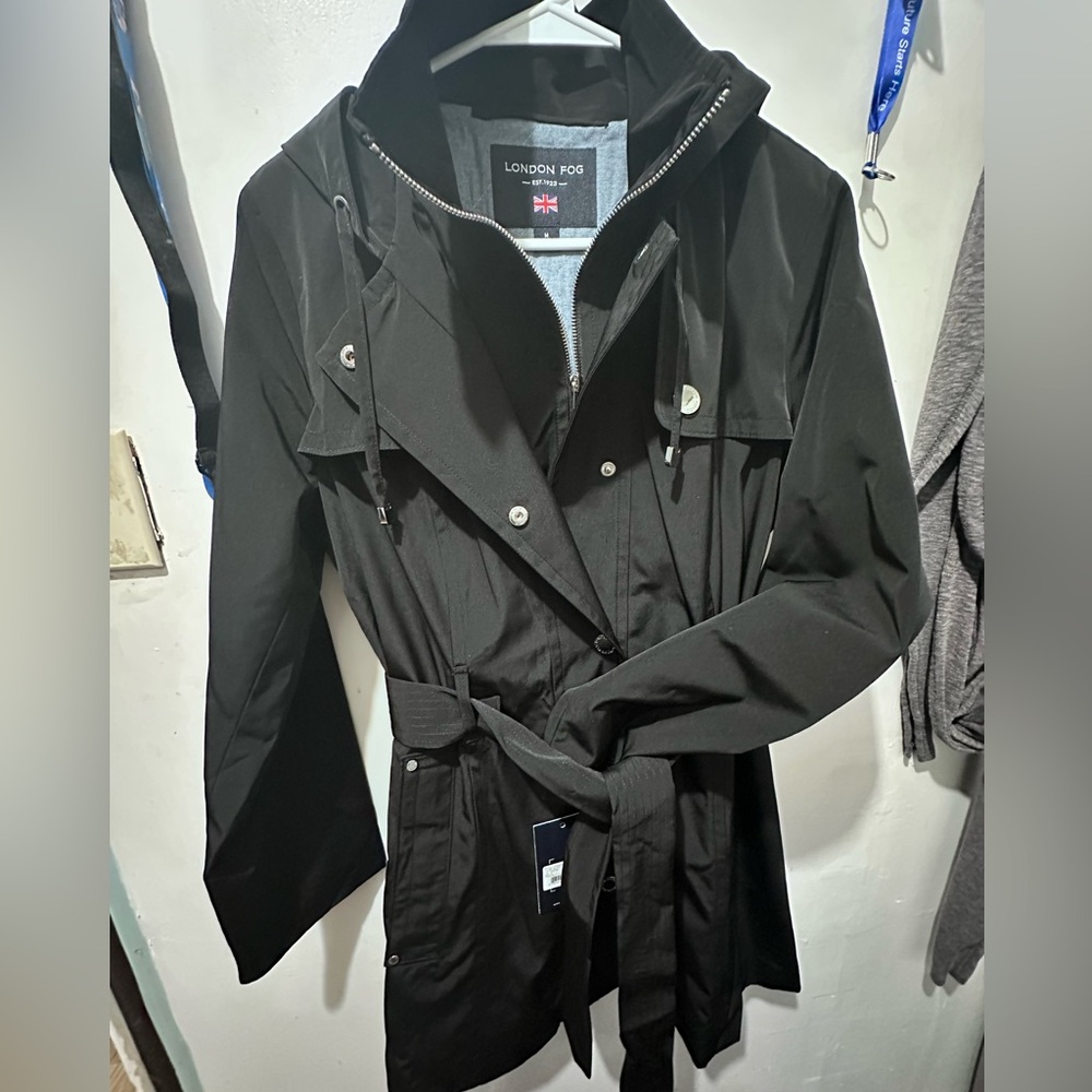 London Fog Black Trench Coat Medium | Belted Hooded Raincoat |
